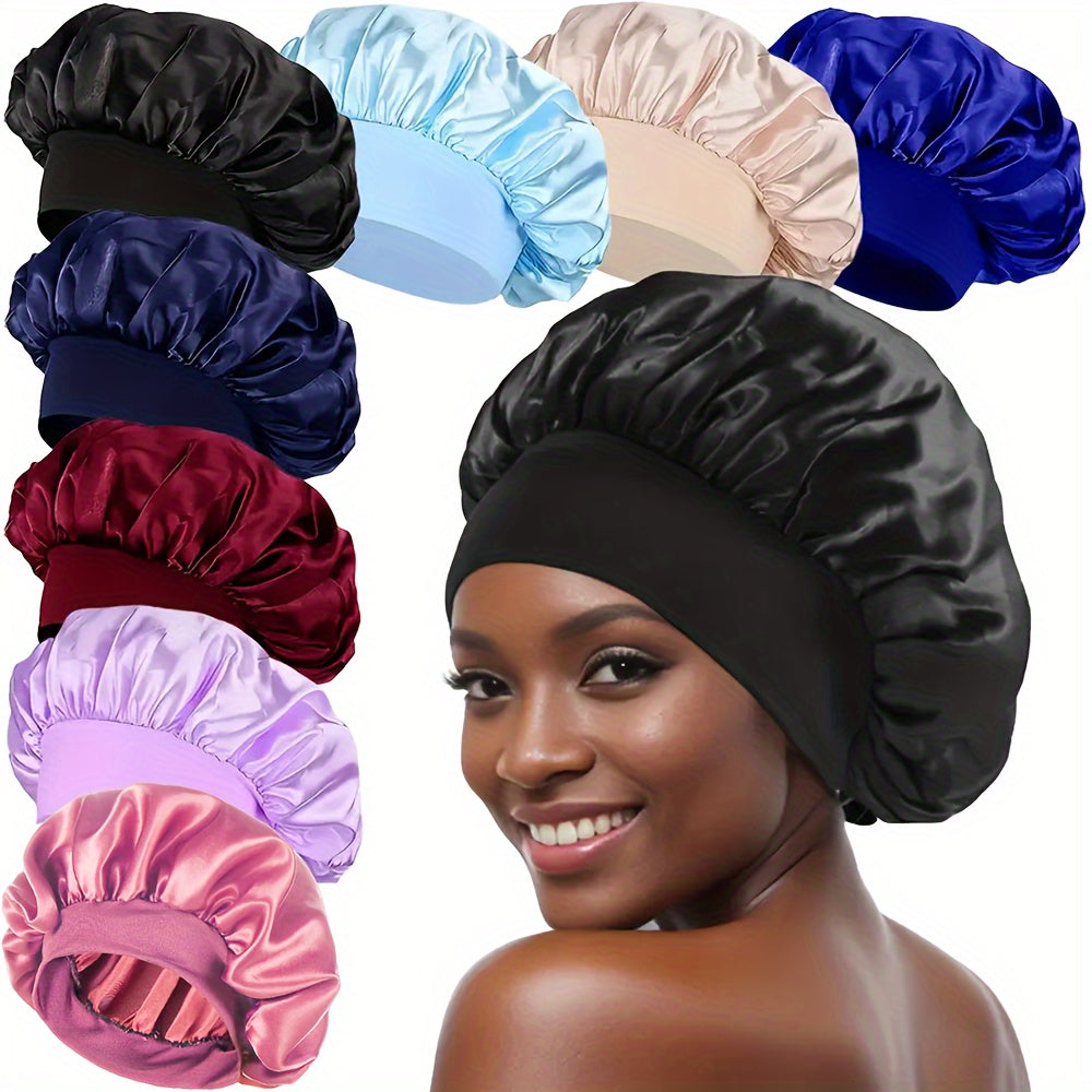 8-Pack Satin Bonnet Caps for Women - Elastic Wide Band, Reusable Hair Protection Sleep Caps for Curly and Natural Hair, Unscented Shower Caps